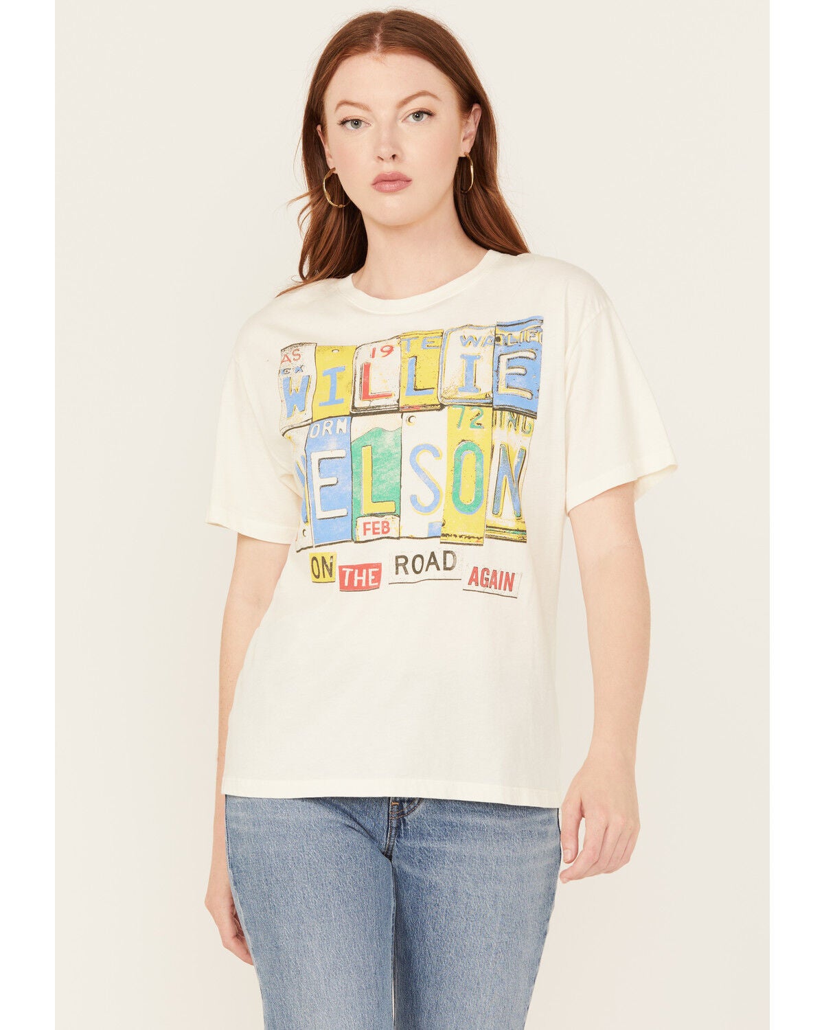 Day Dreamer Women's Willie Nelson On The Road Short Sleeve Graphic Tee, White, hi-res