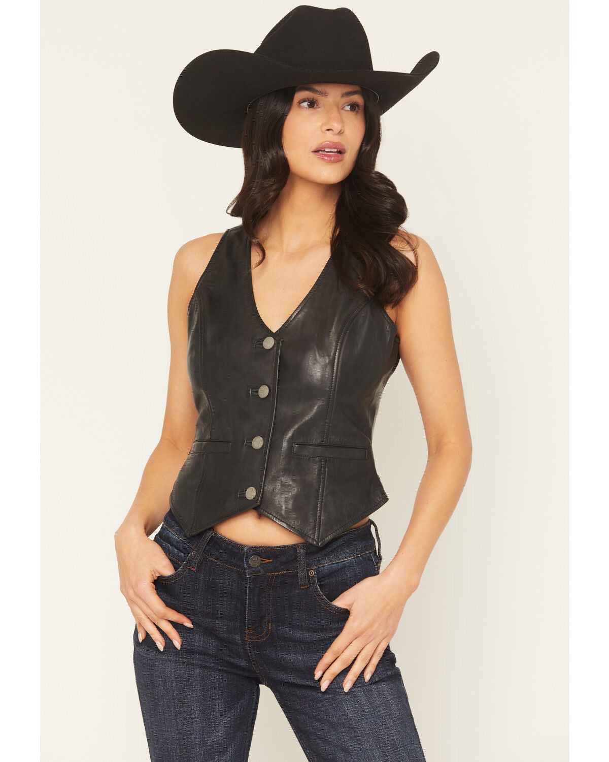 Idyllwind Women's Josephine Button-Down Leather Vest, Black, hi-res