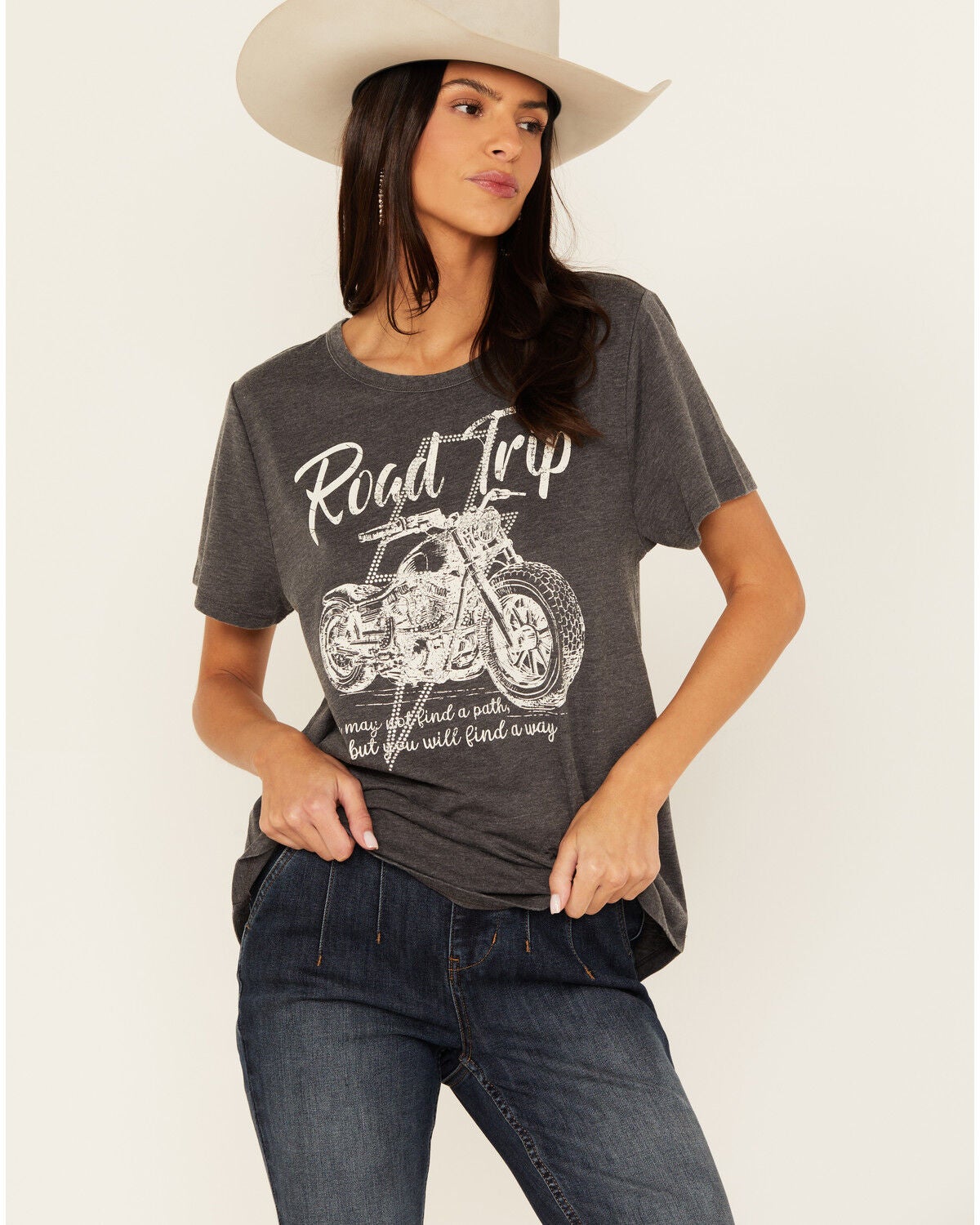 Blended Women's Road Trip Rhinestone Bolt Short Sleeve Graphic Tee, Black, hi-res