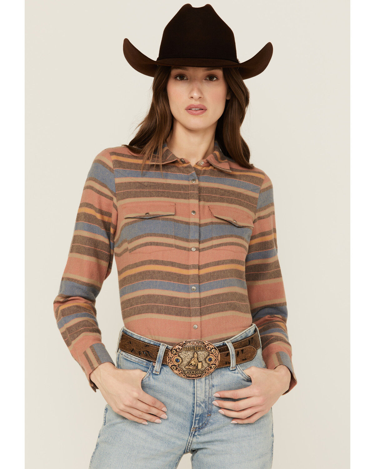 Image #1 - Shyanne Women's Serape Striped Print Long Sleeve Snap Flannel Shirt, Navy, hi-res