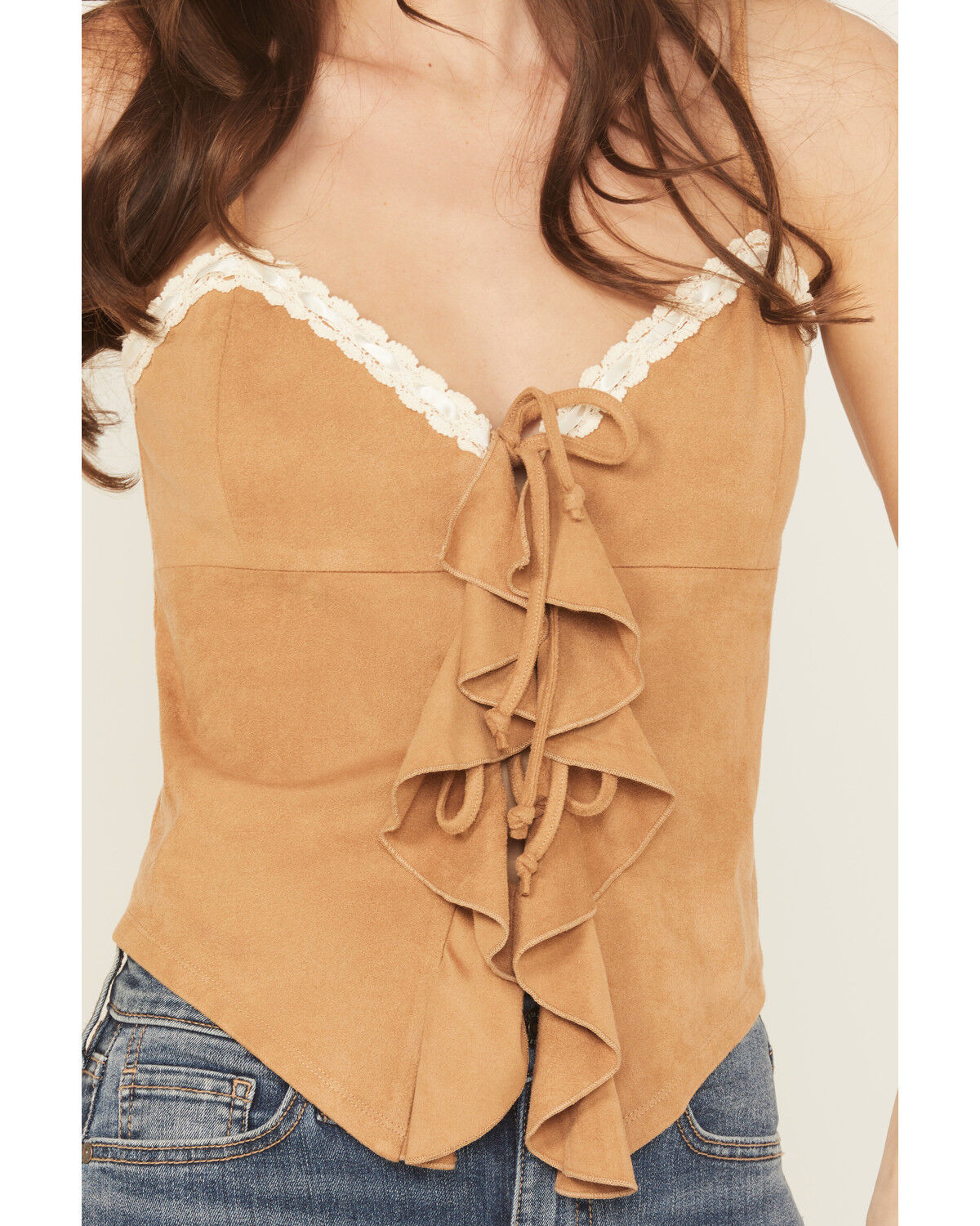 Image #3 - Originality Women's Faux Suede Lace Trim Tank Top, Camel, hi-res