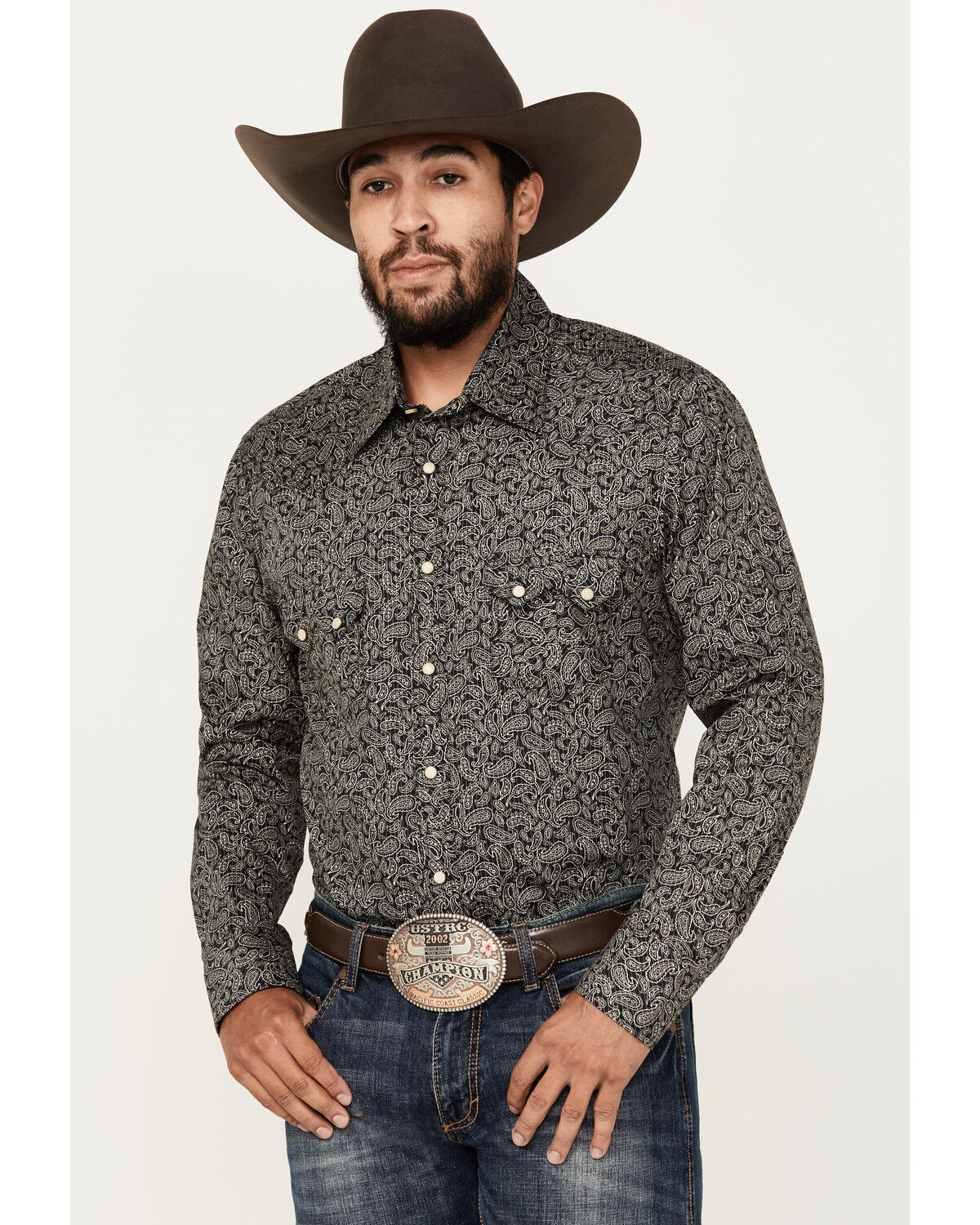 Image #1 - Rock & Roll Denim Men's Paisley Pinstripe Print Long Sleeve Snap Stretch Western Shirt, Black, hi-res