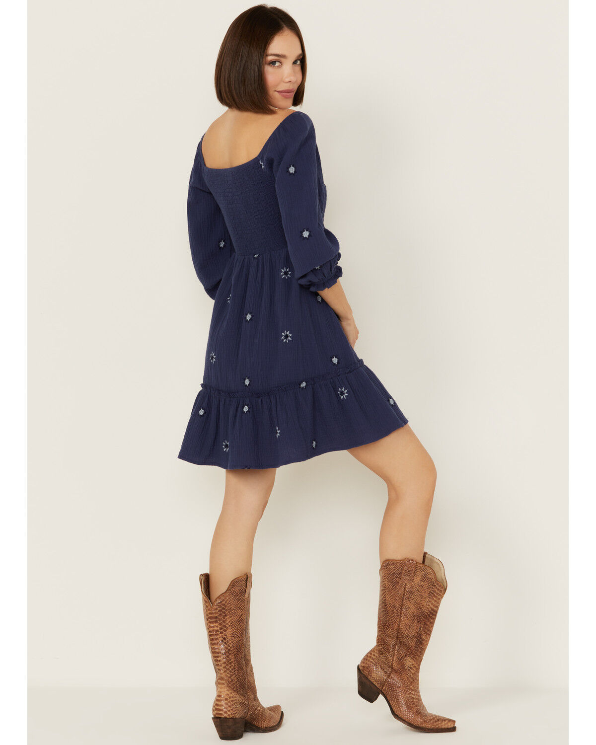 Image #4 - Jolt Women's Rouched Front Embroidered Mini Dress, Navy, hi-res