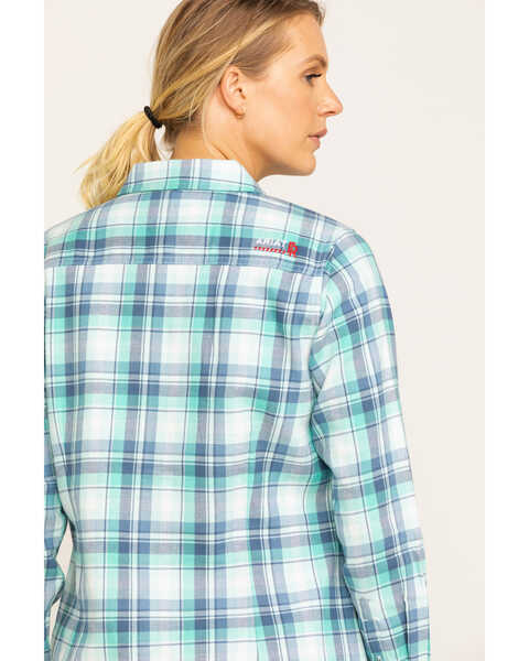 Image #5 - Ariat Women's Boot Barn Exclusive FR Gisela Plaid Print Long Sleeve Work Shirt , Blue, hi-res