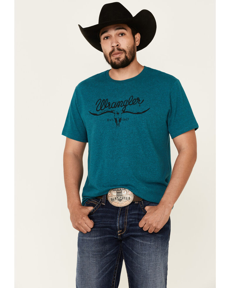 Wrangler Men's Long Horn Logo Graphic Short Sleeve T-Shirt , Turquoise, hi-res