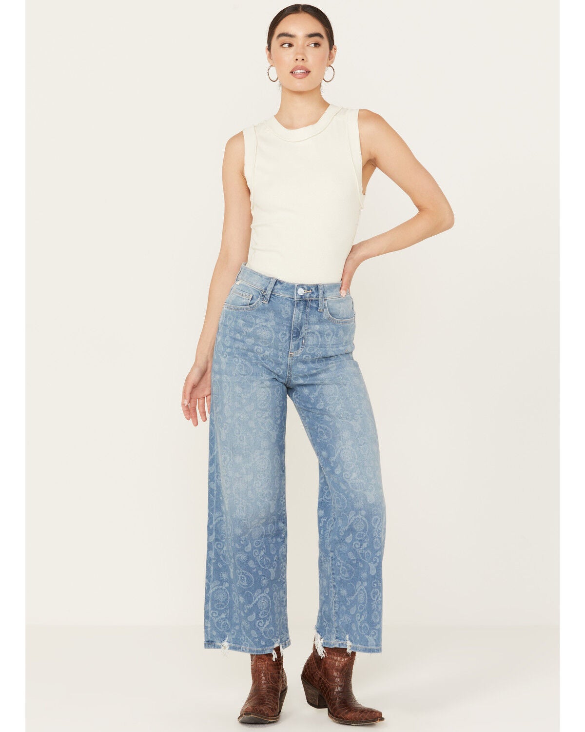 Ceros Women's Medium Wash High Rise Paisley Printed Wide Leg Straight Stretch Jeans, Medium Wash, hi-res