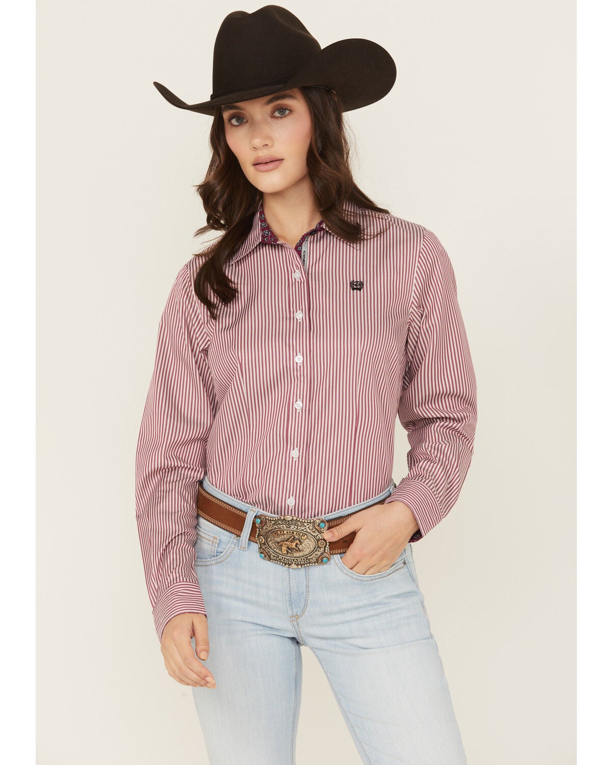 Cinch Women's Boot Barn Exclusive TENCEL&trade; Striped Print Long Sleeve Button-Down Stretch Western Shirt, Burgundy, hi-res