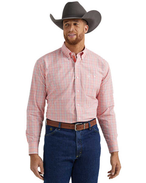 George Strait by Wrangler Men's Plaid Print Long Sleeve Button-Down Stretch Western Shirt , Coral, hi-res