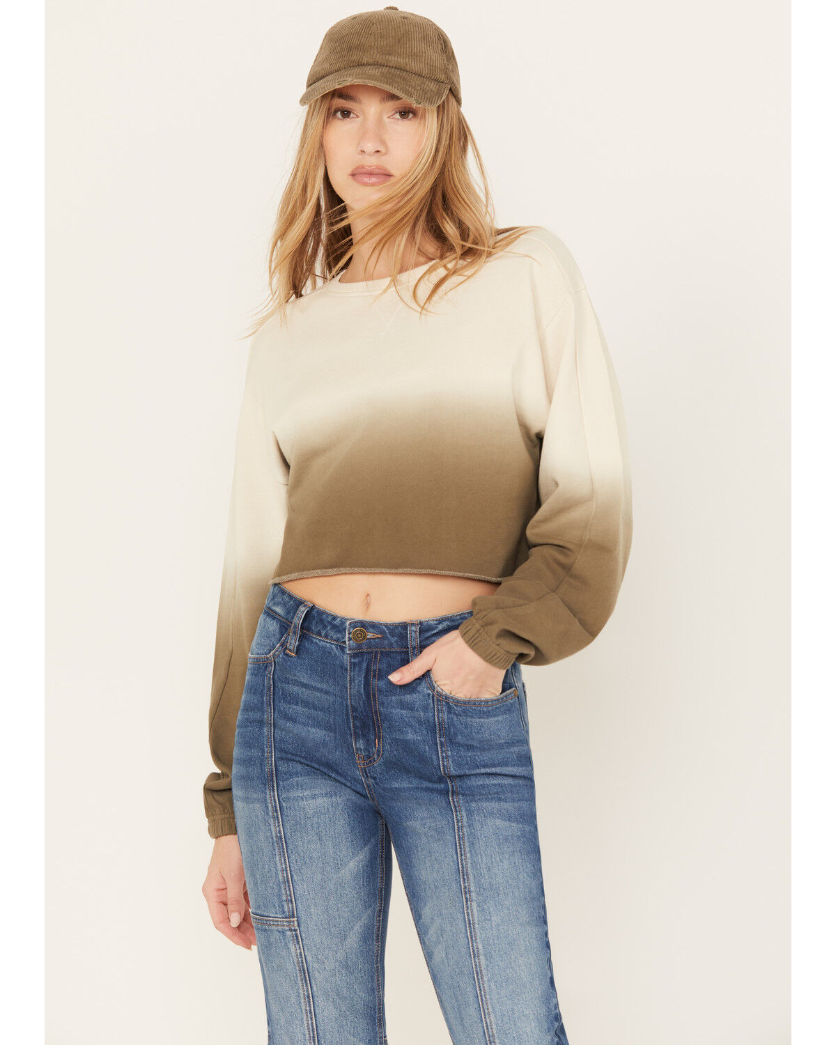 Image #1 - Cleo + Wolf Women's Ombre Cropped Dolman Sweatshirt, Sage, hi-res