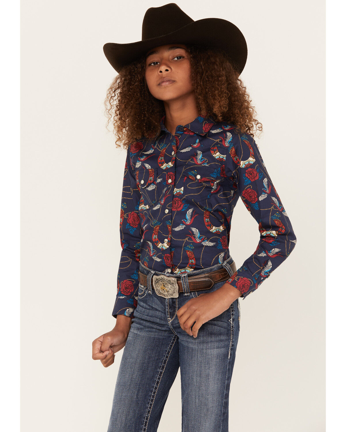 Image #1 - Ariat Girls' Ropey Rose Print Long Sleeve Shirt, Navy, hi-res
