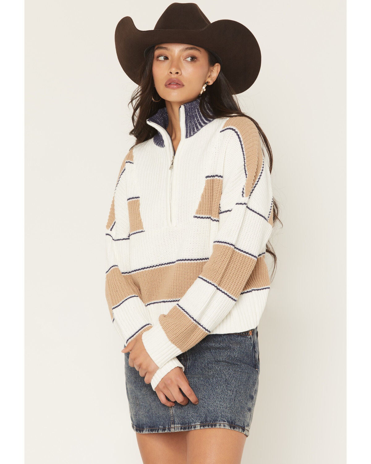 Elan Women's Striped Half Zip Sweater, Camel, hi-res