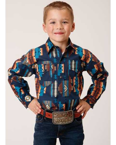 Roper Boys' Vintage Style Vertical Southwestern Print Long Sleeve Snap Western Shirt , Blue, hi-res