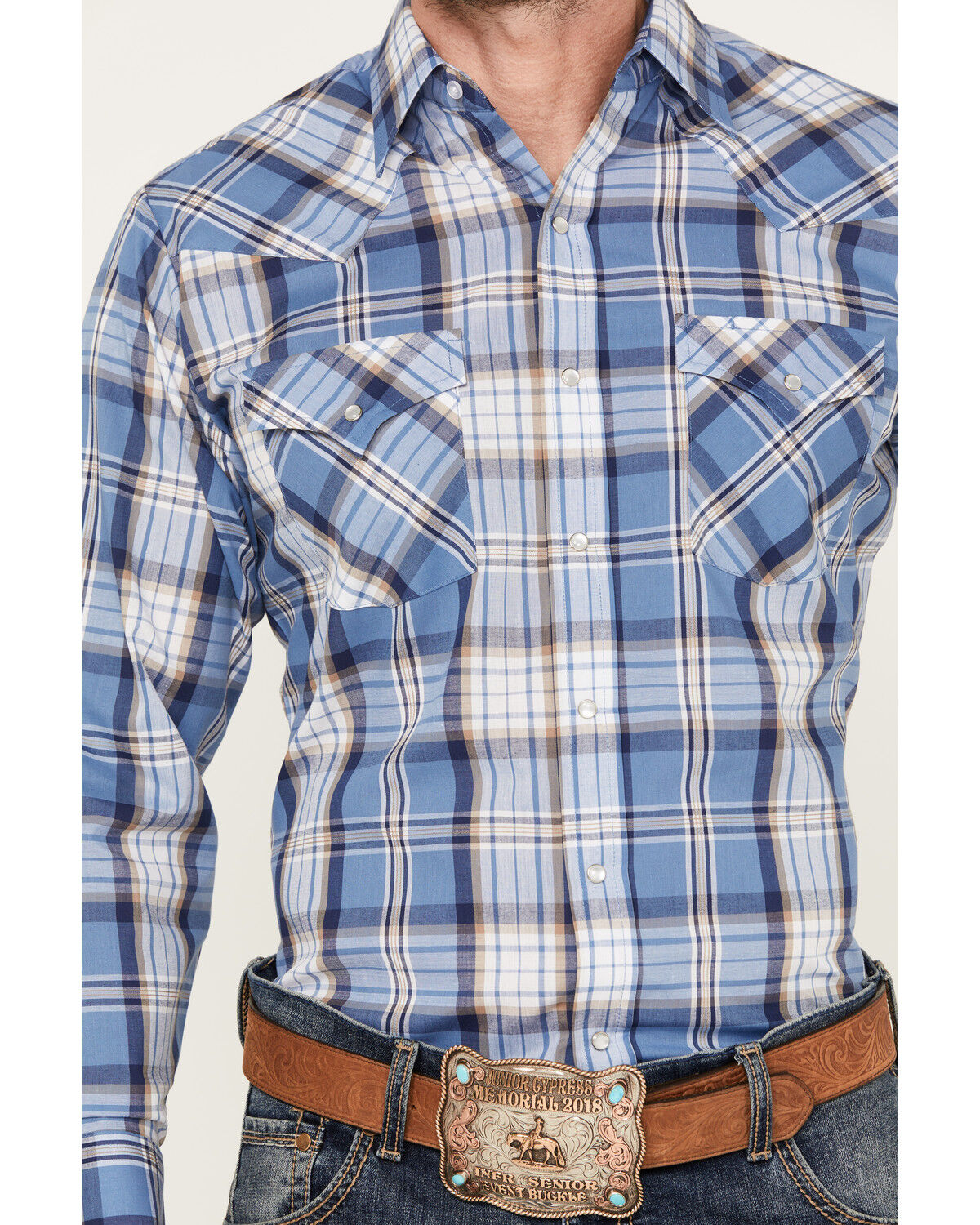 Image #3 - Ely Walker Men's Plaid Print Long Sleeve Pearl Snap Western Shirt, Blue, hi-res