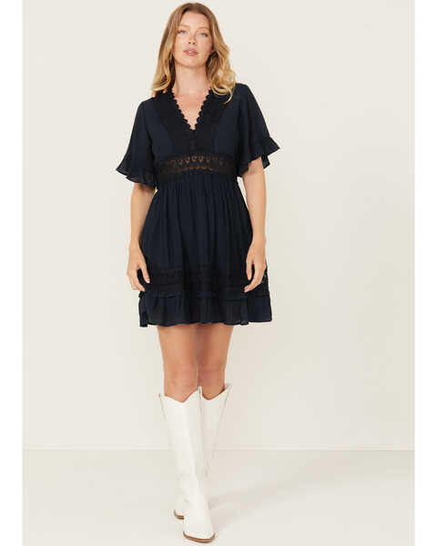 Wishlist Women's Solid Lace Trim Mini Dress , Navy, hi-res