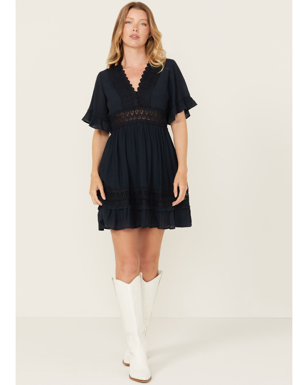 Image #1 - Wishlist Women's Solid Lace Trim Mini Dress, Navy, hi-res