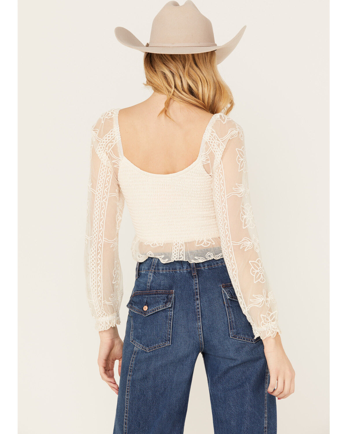Image #4 - Jolt Women's Lace Smocked Long Sleeve Top, Ivory, hi-res