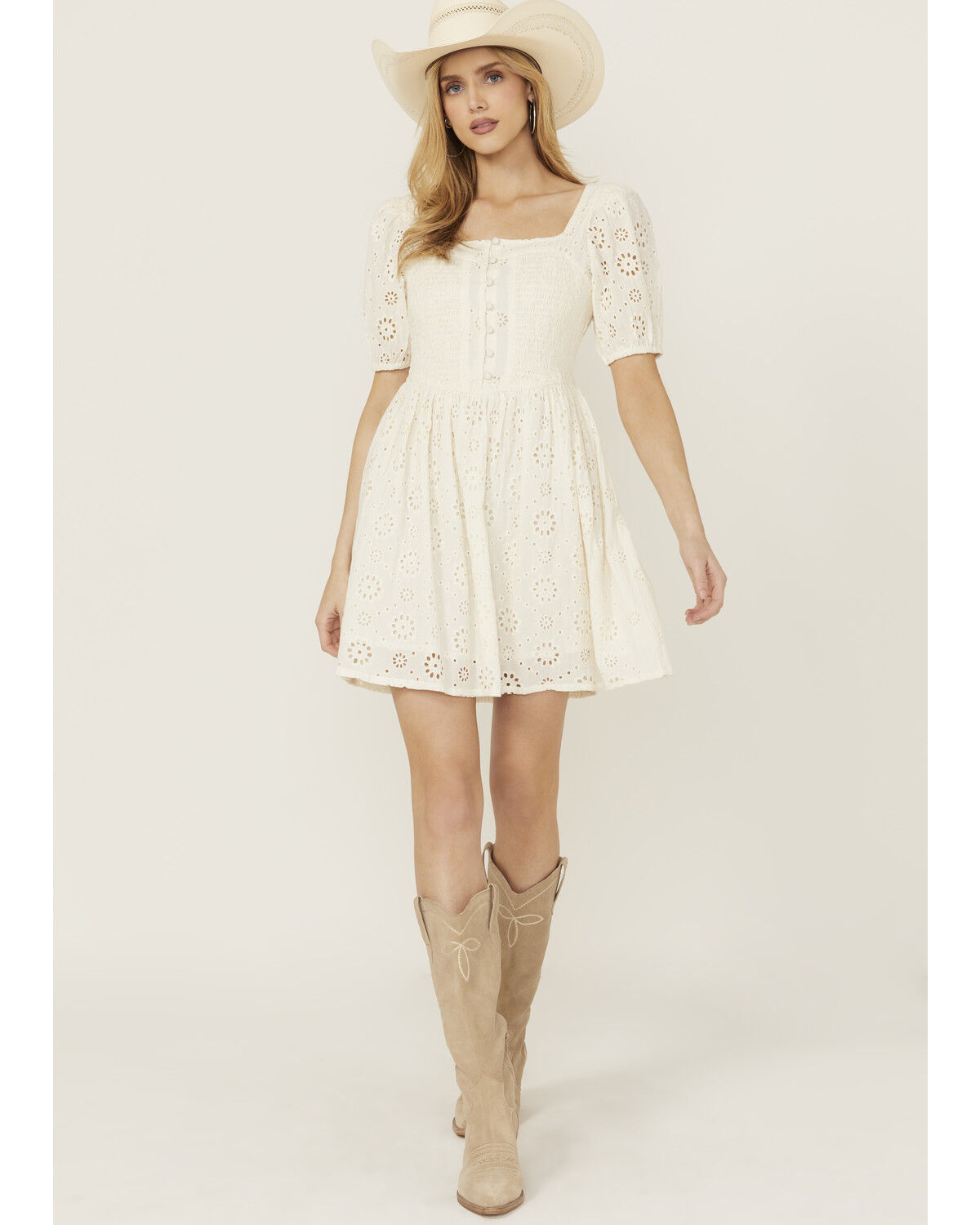 Image #1 - Rock & Roll Denim Women's Eyelet Short Sleeve Mini Dress, Cream, hi-res