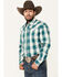 Image #1 - Stetson Men's Plaid Print Long Sleeve Snap Western Shirt, Teal, hi-res