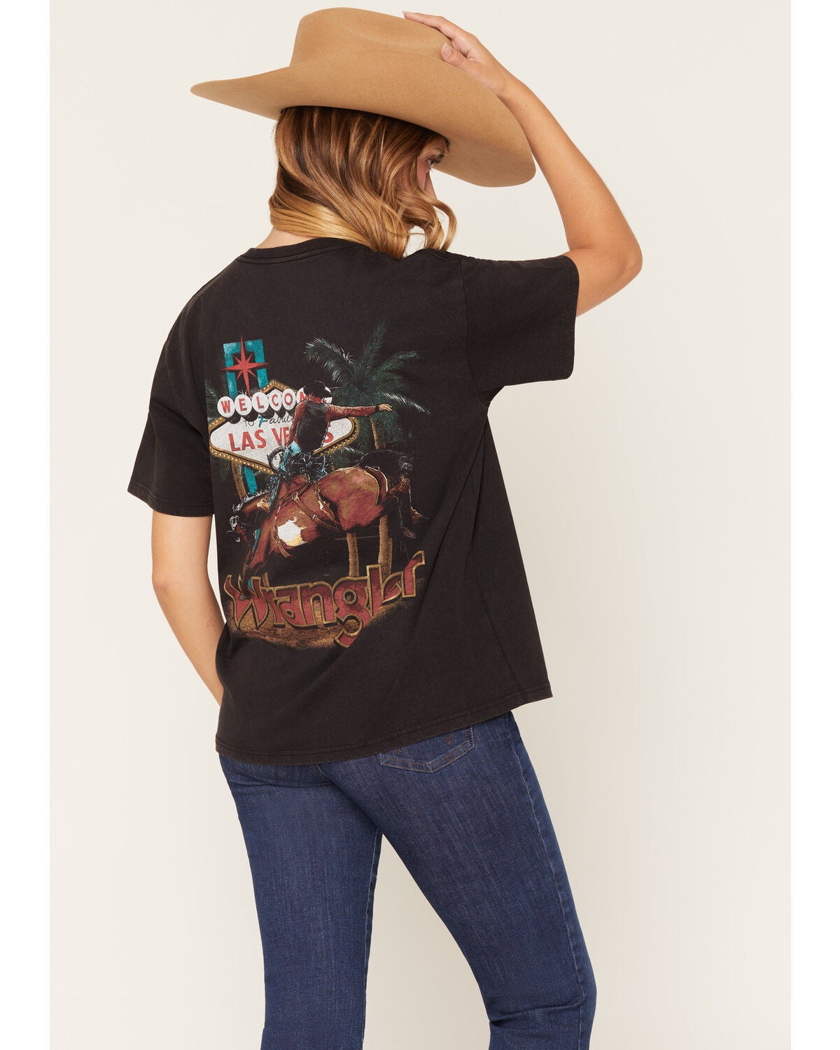 Wrangler Retro Women's Acid Wash Vegas Short Sleeve Graphic Tee, Black, hi-res