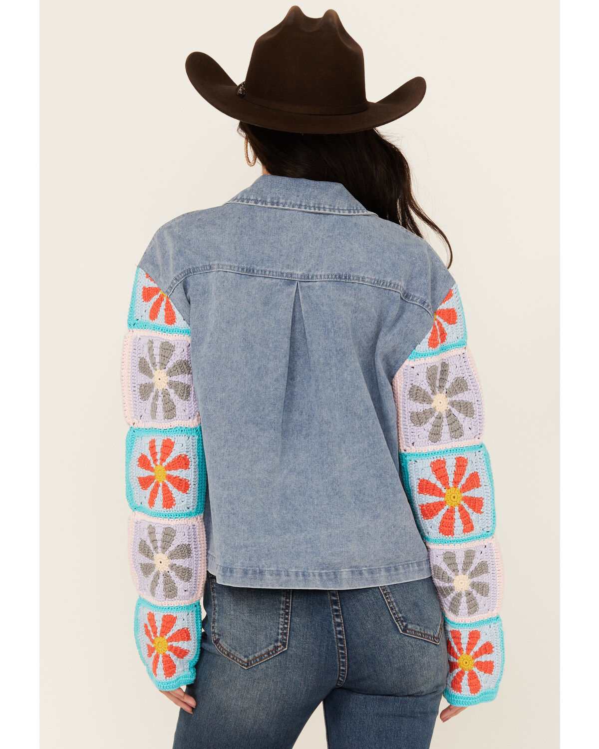 Image #4 - Mystree Women's Crochet Sleeve Medium Wash Denim Jacket, Blue, hi-res