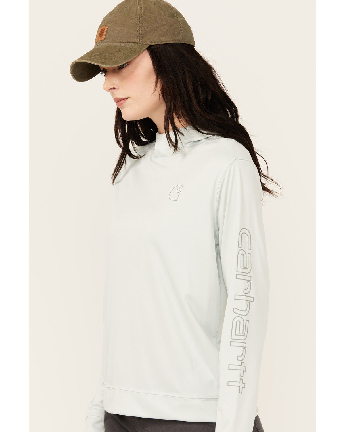Image #2 - Carhartt Women's Force Sun Defender Relaxed Fit Lightweight Logo Hooded Graphic Long Sleeve, Seafoam, hi-res