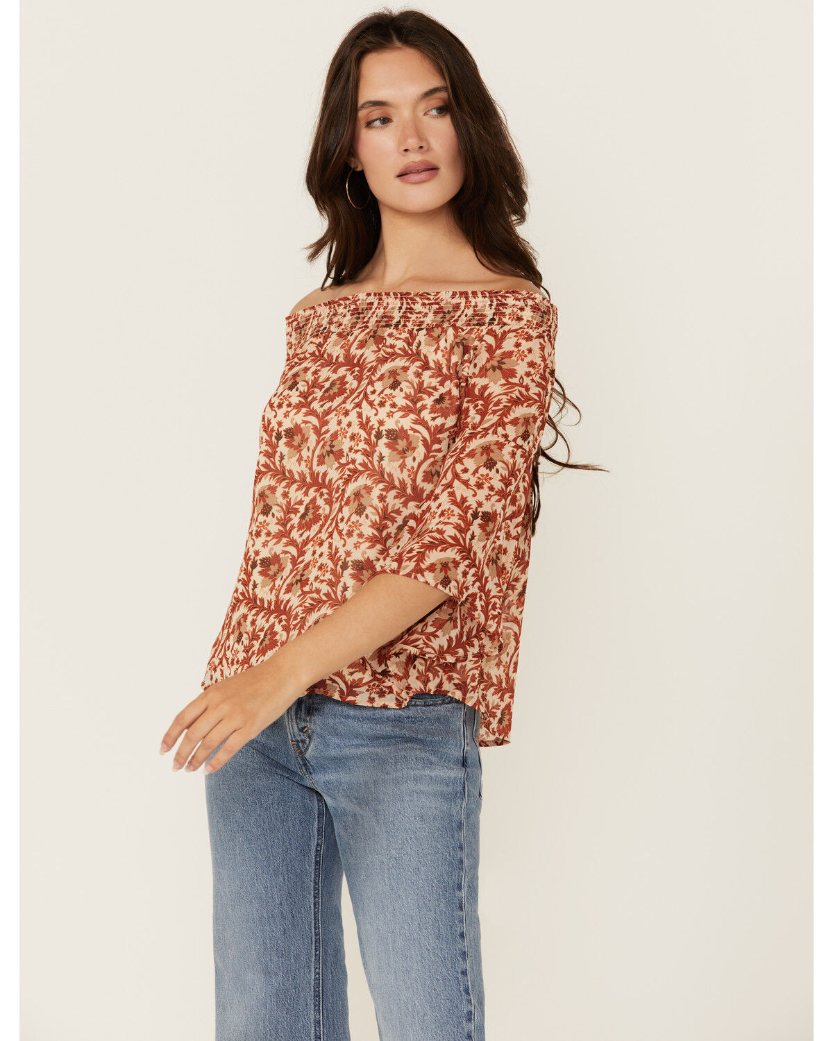 Image #1 - Shyanne Women's Floral Print Off The Shoulder Long Sleeve Blouse, Taupe, hi-res