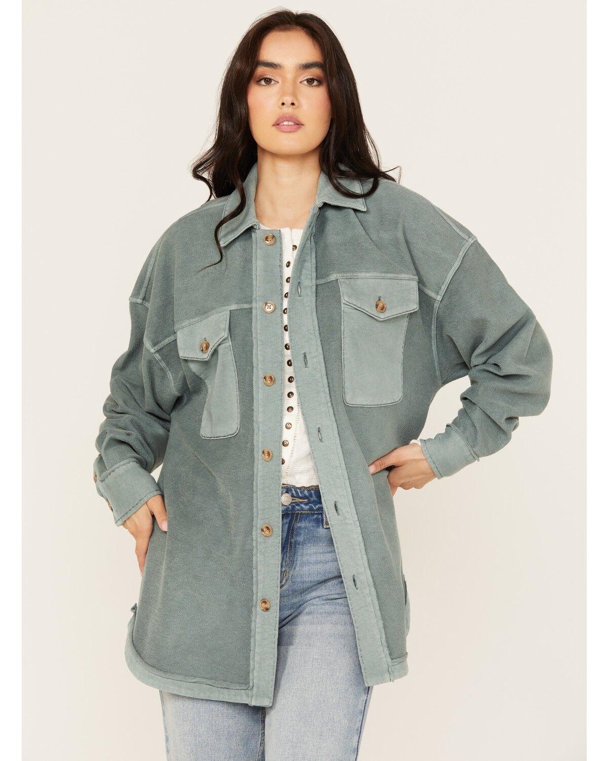Image #1 - Cleo + Wolf Women's Oversized French Terry Shacket, Steel Blue, hi-res