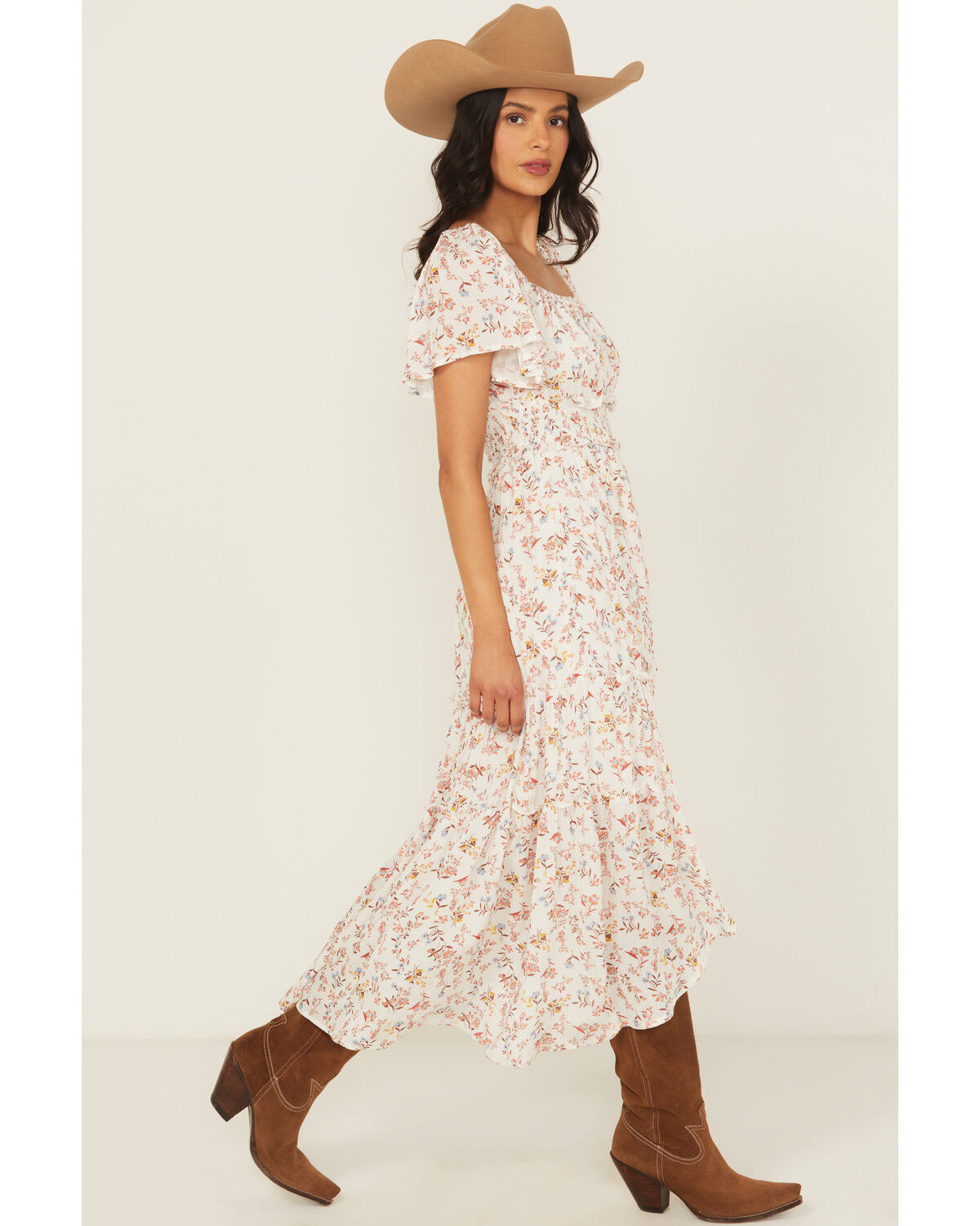 Image #1 - Wild Moss Women's Floral Print Short Sleeve High-Low Dress, Ivory, hi-res