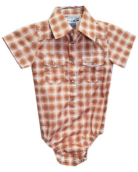 Cowboy Hardware Infant Boys' Plaid Print Short Sleeve Pearl Snap Onesie , Orange, hi-res