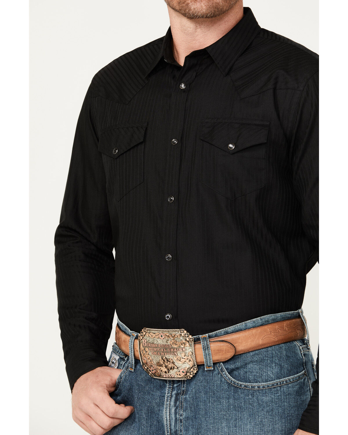 Image #3 - Gibson Men's Southside Satin Stripe Pearl Snap Western Shirt, Black, hi-res