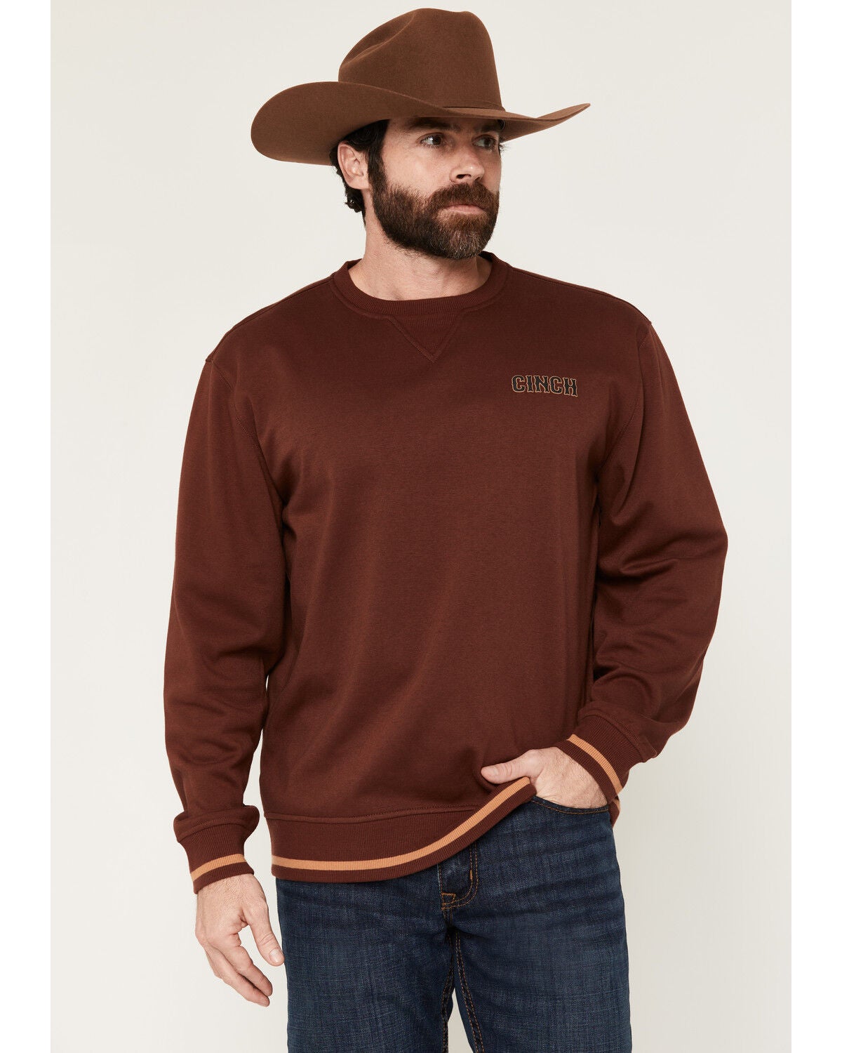 Cinch Men's Solid Logo Crewneck Sweatshirt, Burgundy, hi-res