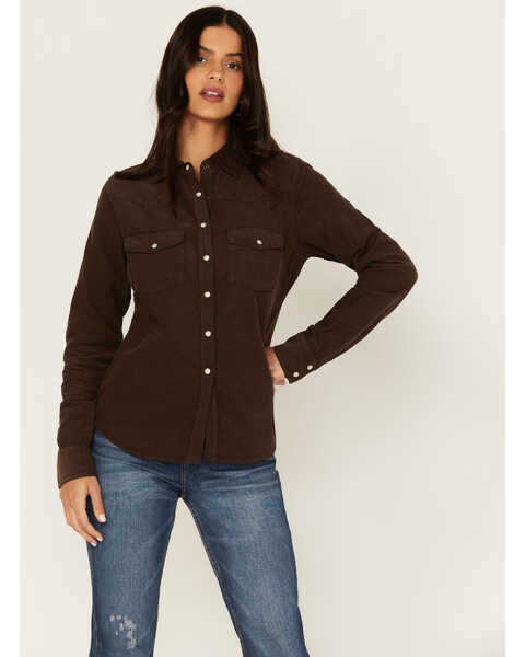 Image #1 - Cleo + Wolf Women's Pincord Button Down Long Sleeve Snap Western Shirt, Chocolate, hi-res