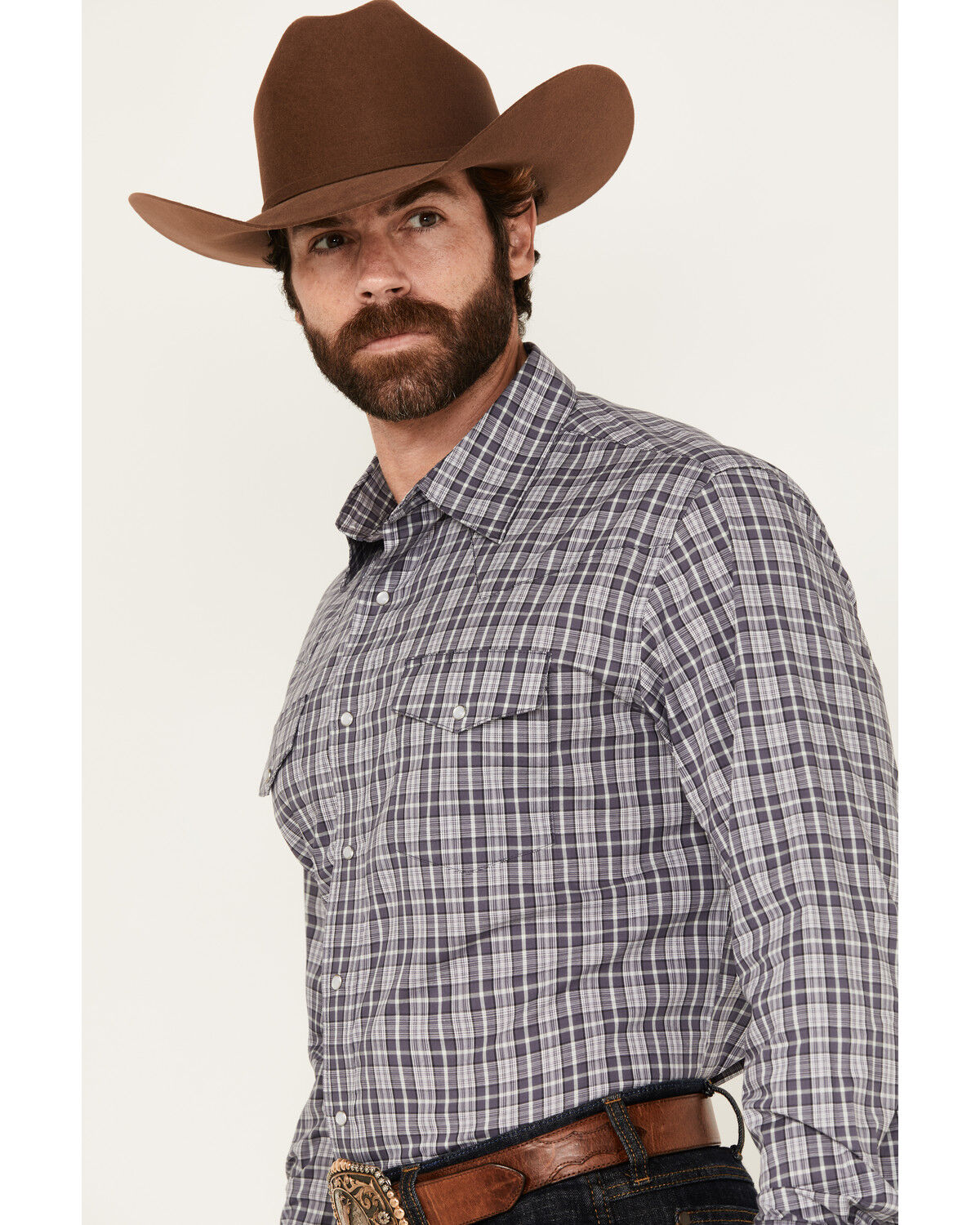 Image #2 - Wrangler Men's Wrinkle Resistant Plaid Print Long Sleeve Snap Stretch Western Shirt, Dark Grey, hi-res