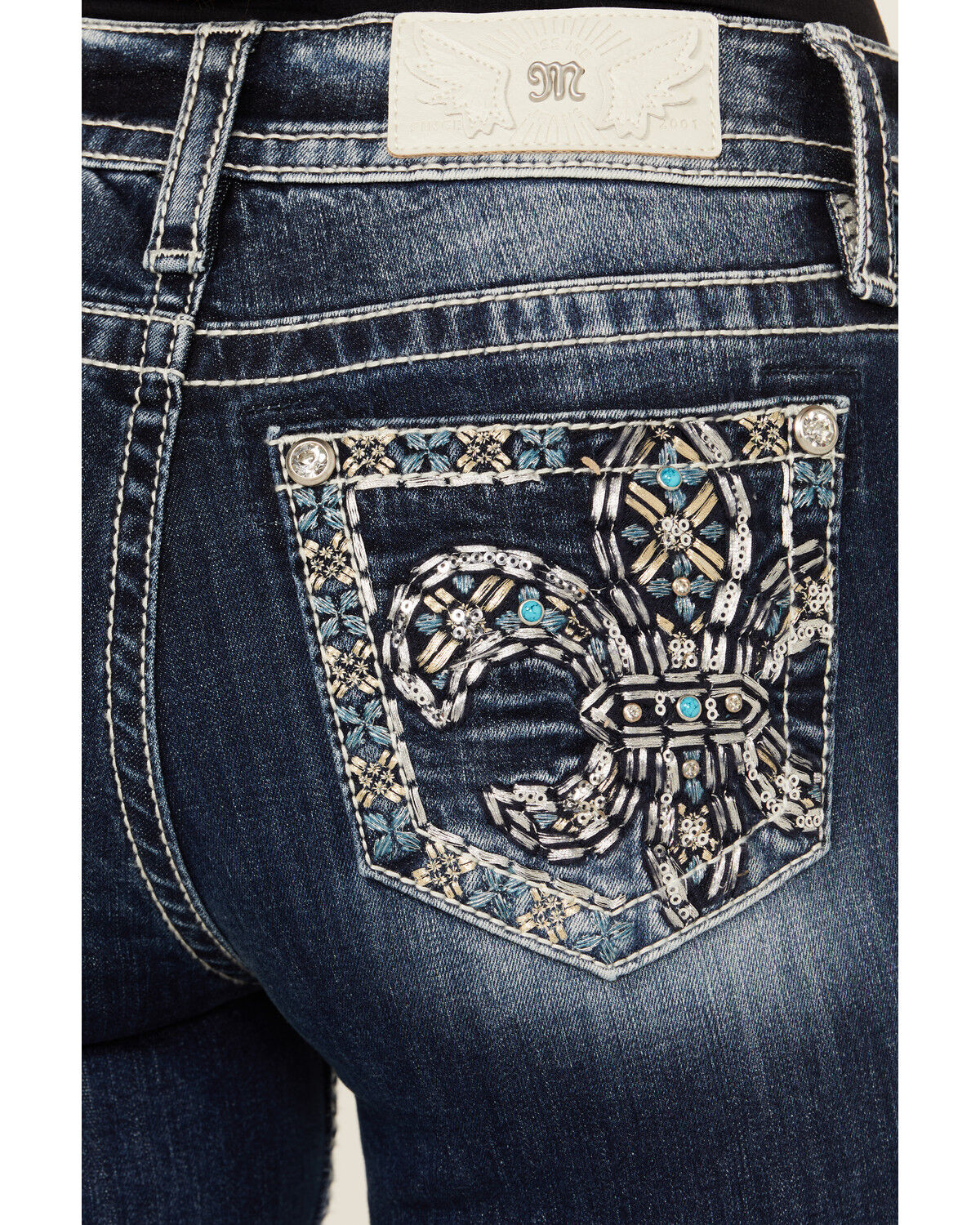 Image #2 - Miss Me Women's Dark Wash Fleur de Lis Bootcut Stretch Denim Jeans, Dark Wash, hi-res