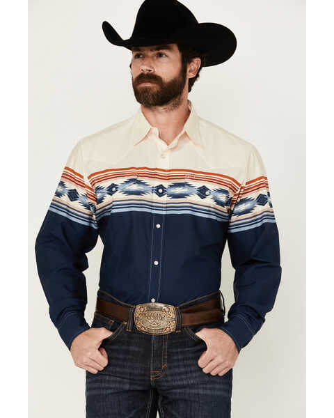 Roper Men's Vintage Southwestern Border Print Long Sleeve Pearl Snap Western Shirt, Dark Blue, hi-res