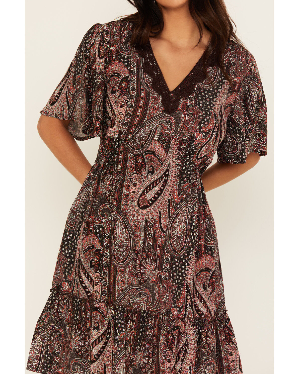 Image #3 - Shyanne Women's Crochet Trim Printed Short Sleeve Mini Dress, Chocolate, hi-res