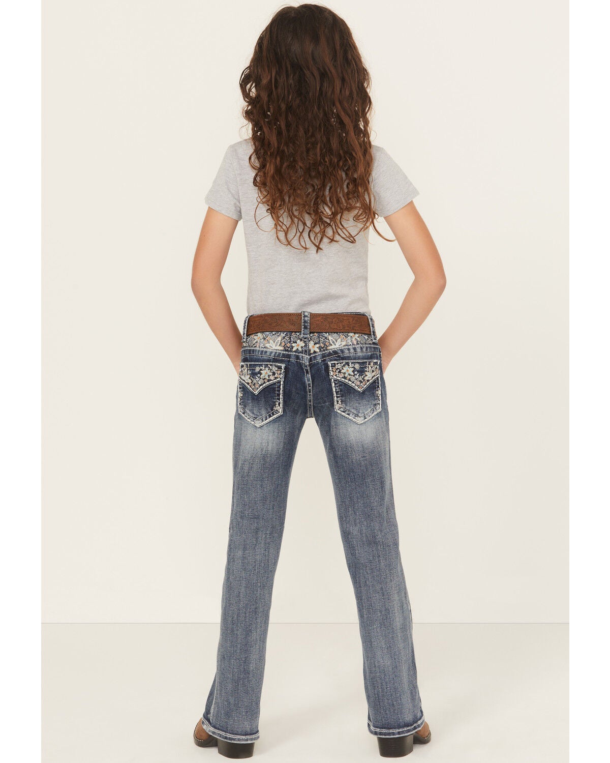 Grace in LA Girls' Medium Wash Floral Embroidered Bootcut Stretch Denim Jeans, Blue, hi-res