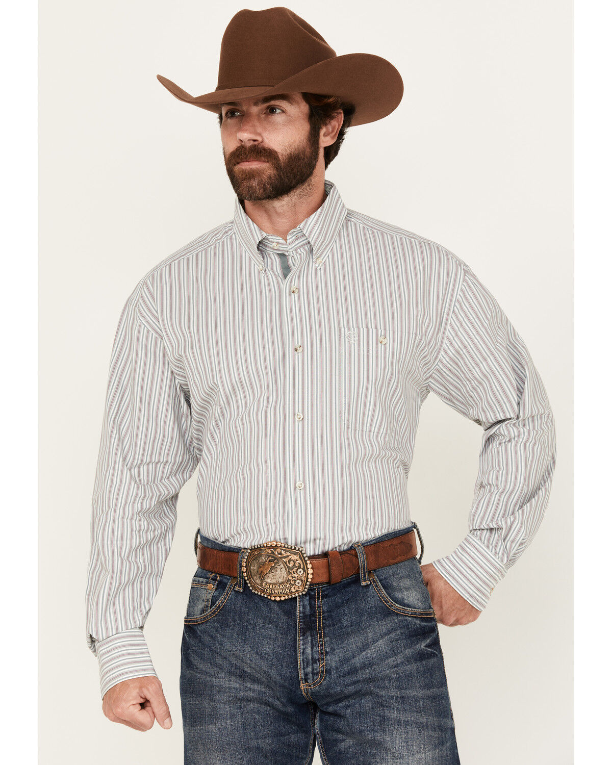 Image #1 - George Strait by Wrangler Men's Striped Print Long Sleeve Button-Down Stretch Western Shirt, Light Grey, hi-res