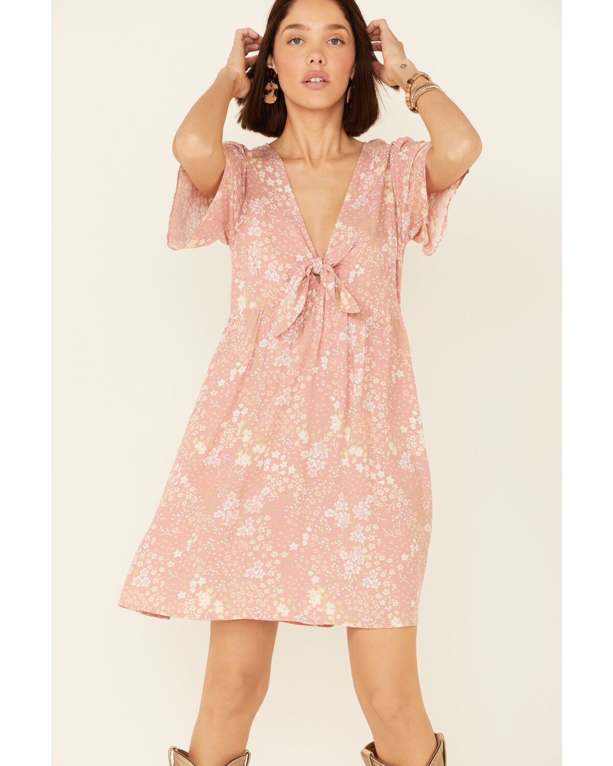 Image #2 - Beyond The Radar Women's Mauve Floral Tie-Front Dress, , hi-res