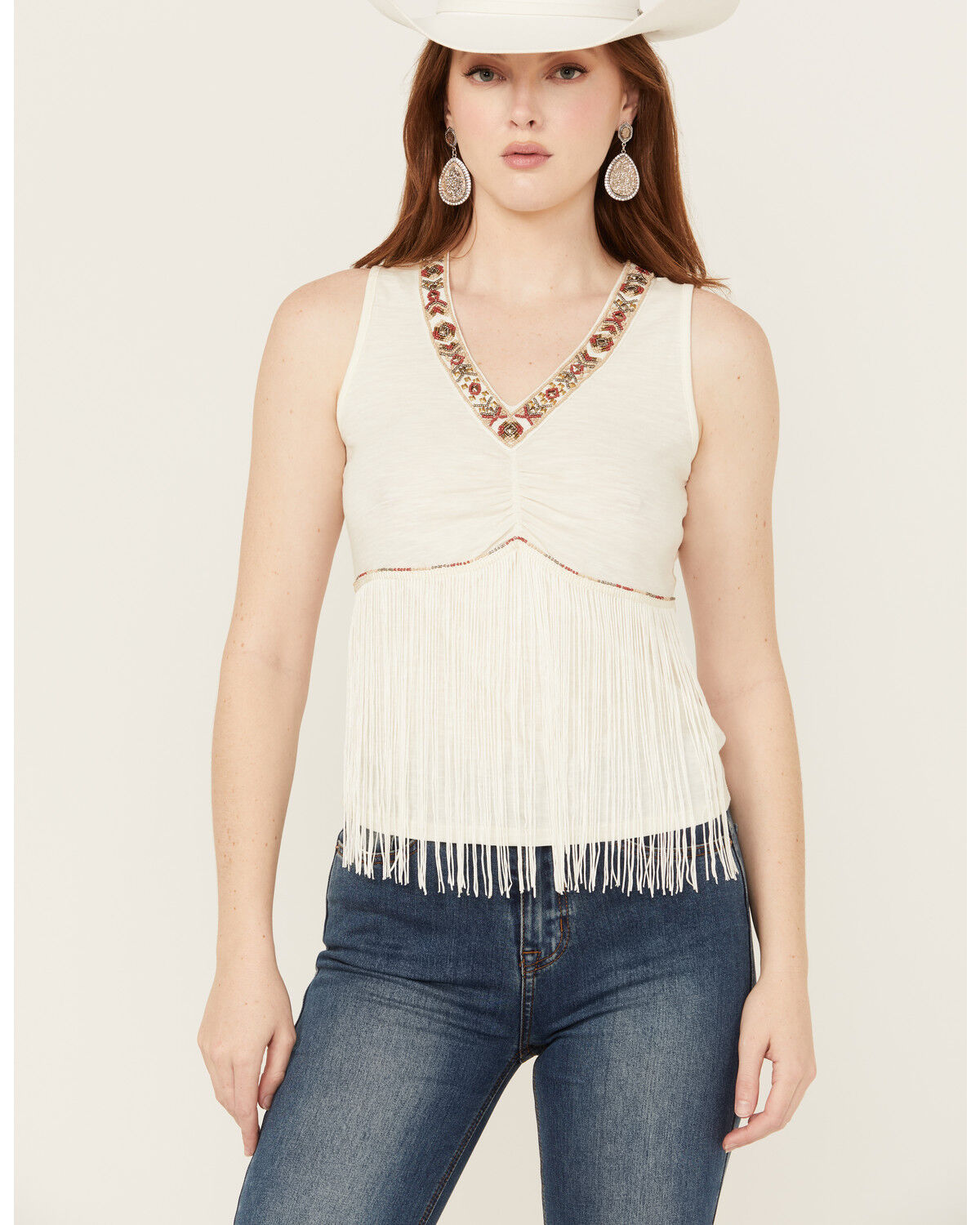 Image #1 - Shyanne Women's Beaded Fringe Tank, Cream, hi-res