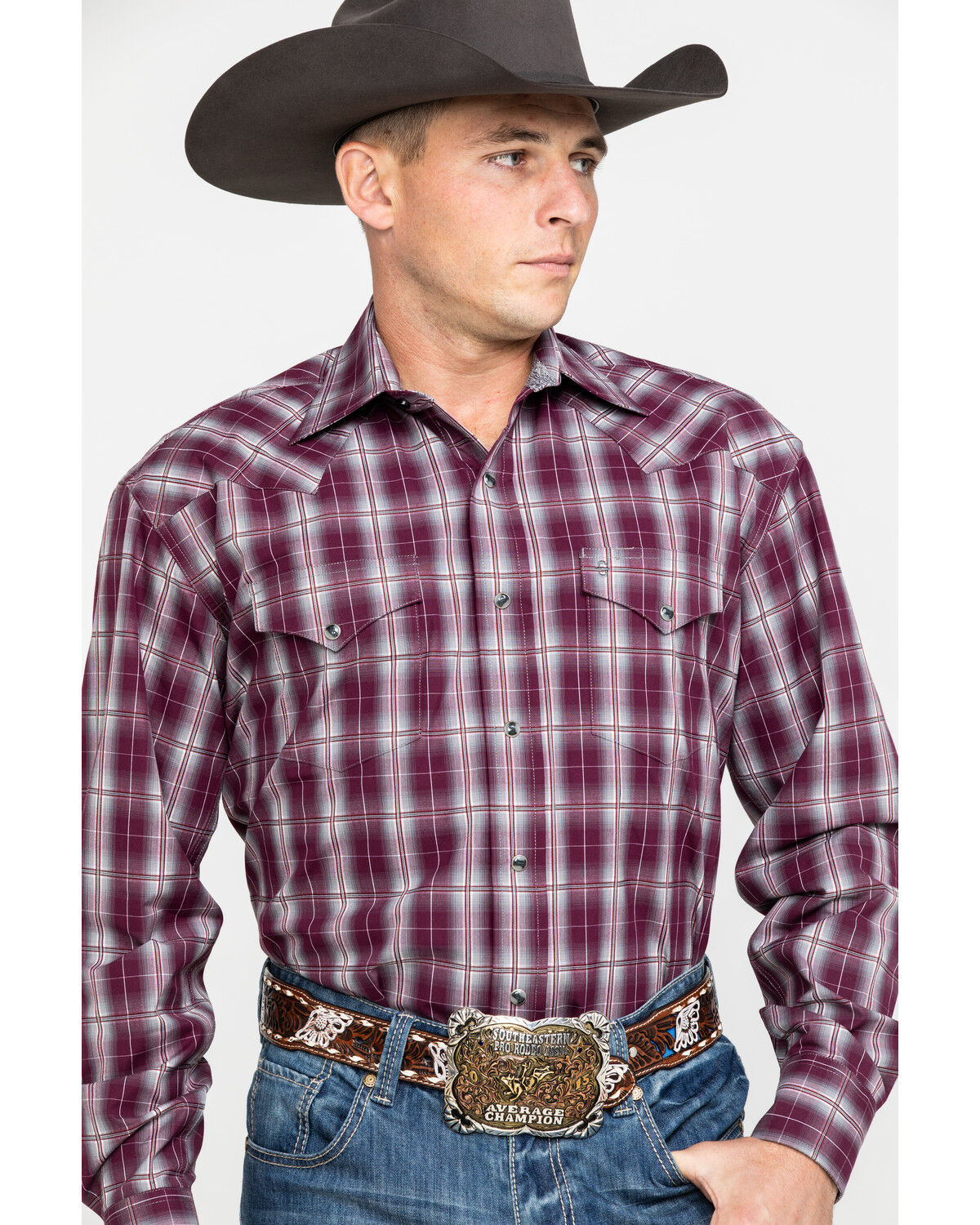 Image #1 - Stetson Men's Cedar Ombre Plaid Long Sleeve Western Shirt, Wine, hi-res