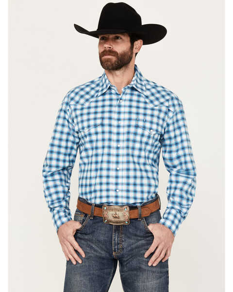 Roper Men's Amarillo Plaid Print Long Sleeve Stretch Western Pearl Snap Shirt, Blue, hi-res