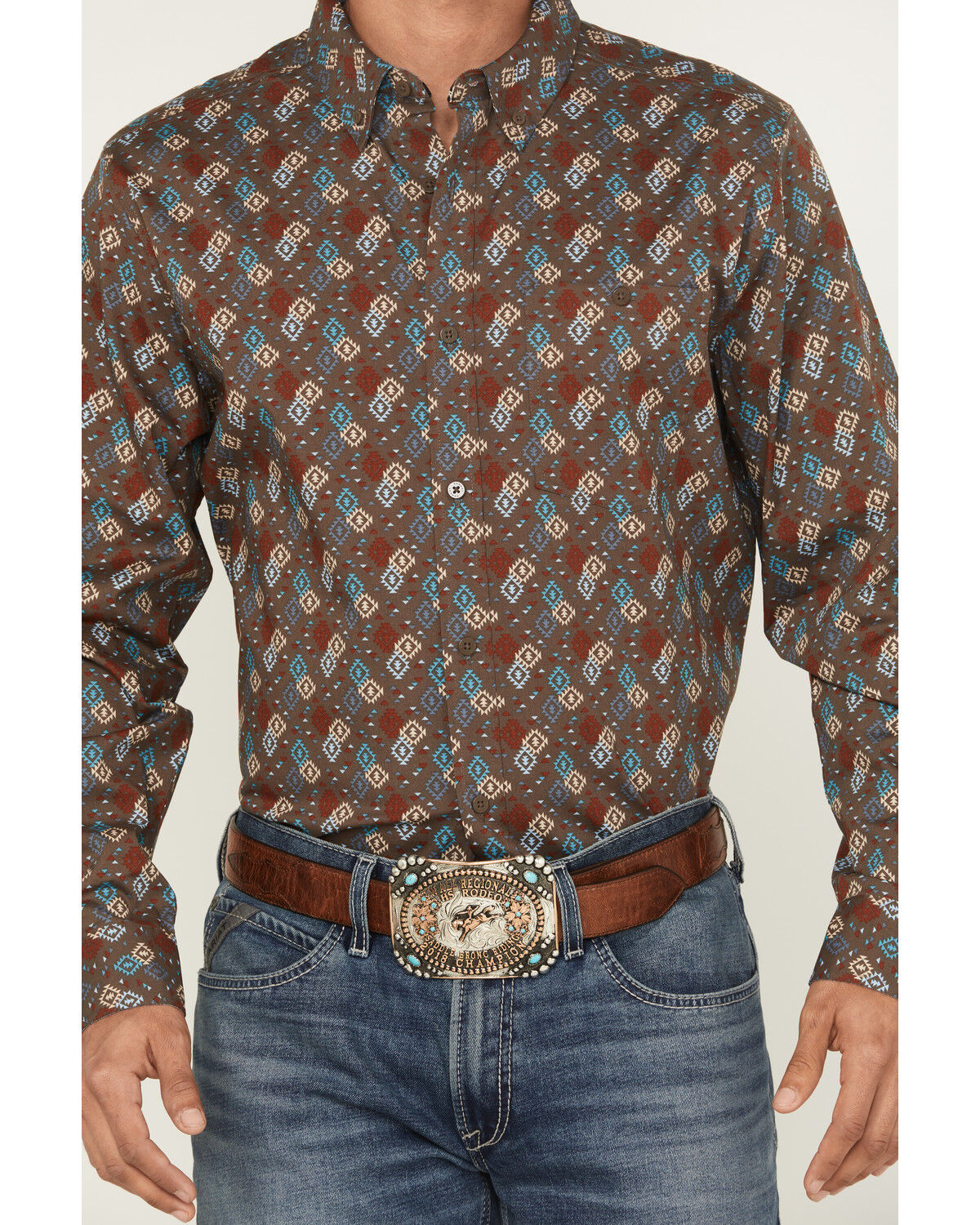Image #3 - RANK 45® Men's Hudson Geo Southwestern Print Long Sleeve Button-Down Stretch Western Shirt, Brown, hi-res