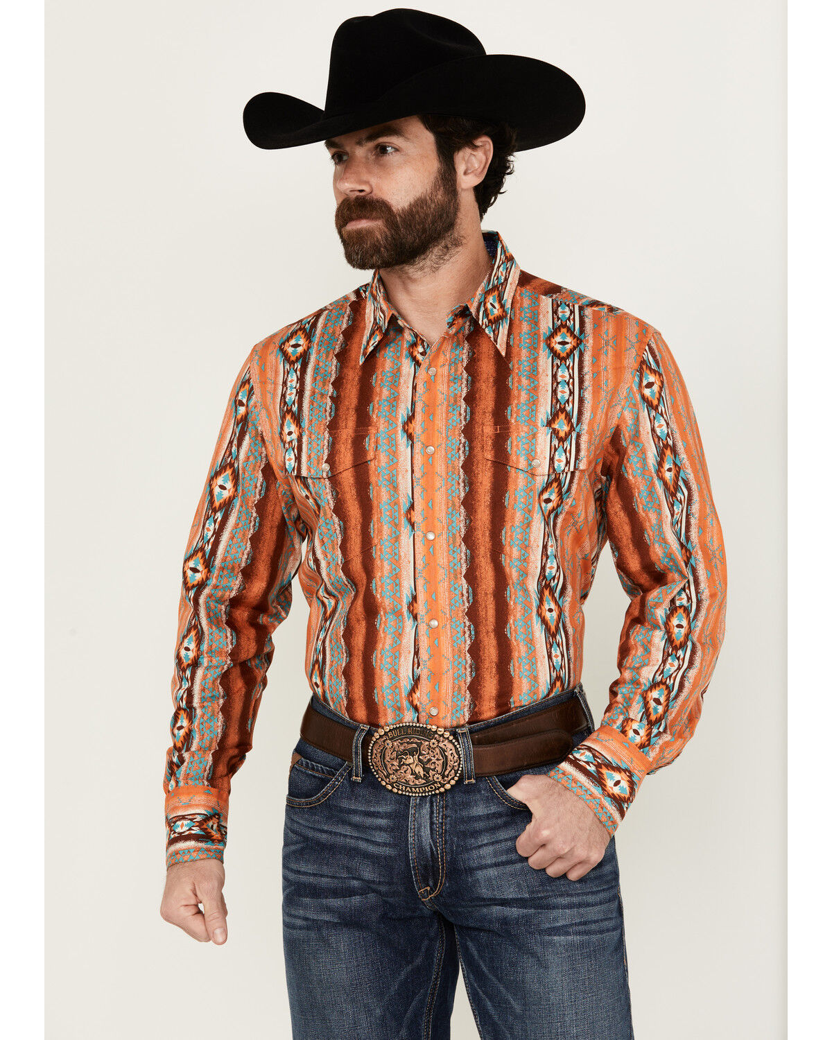 Image #1 - Wrangler Men's Checotah Long Sleeve Snap Western Shirt, Rust Copper, hi-res