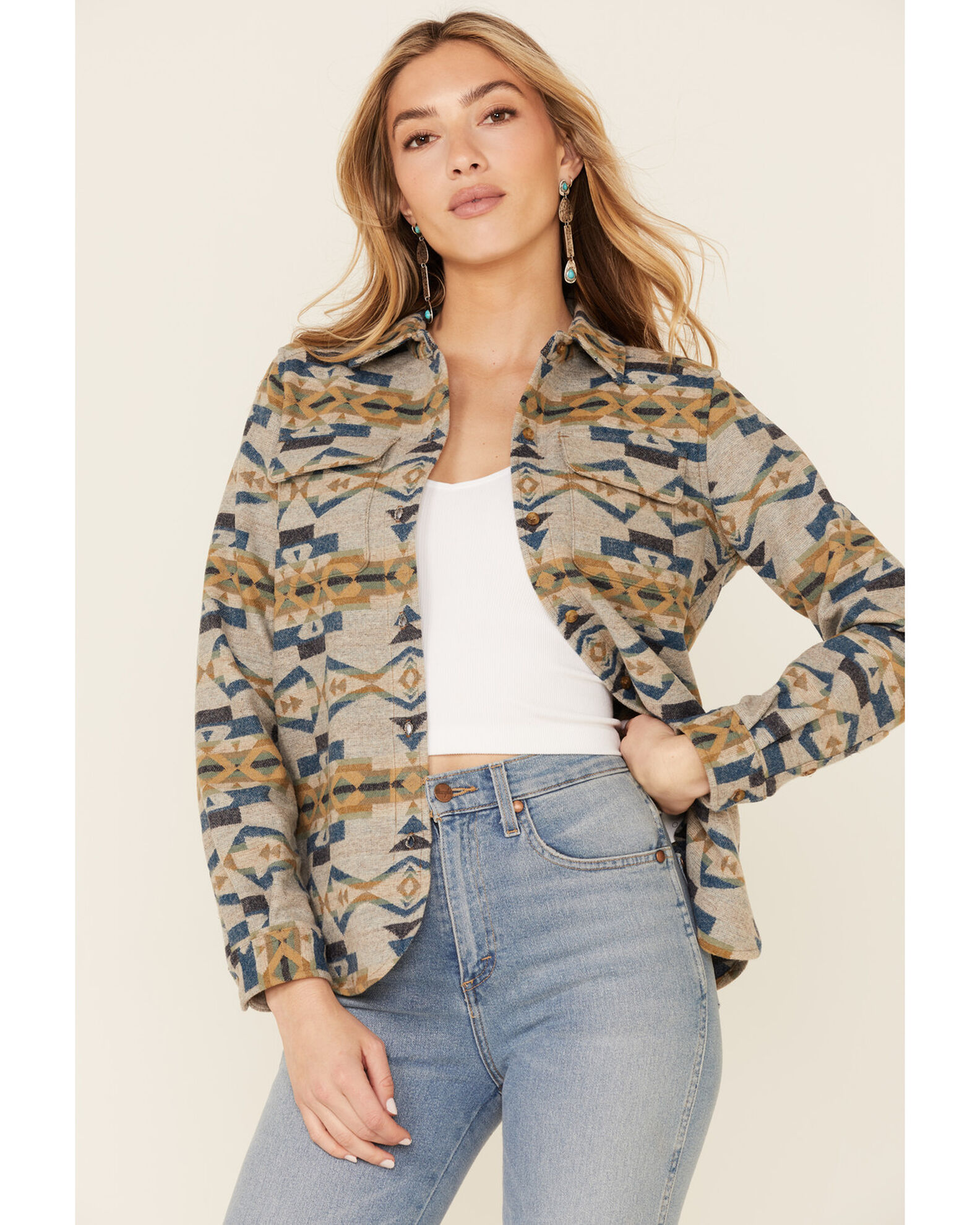 Pendleton Women s Tan Jacquard Board Plaid Long Sleeve Button