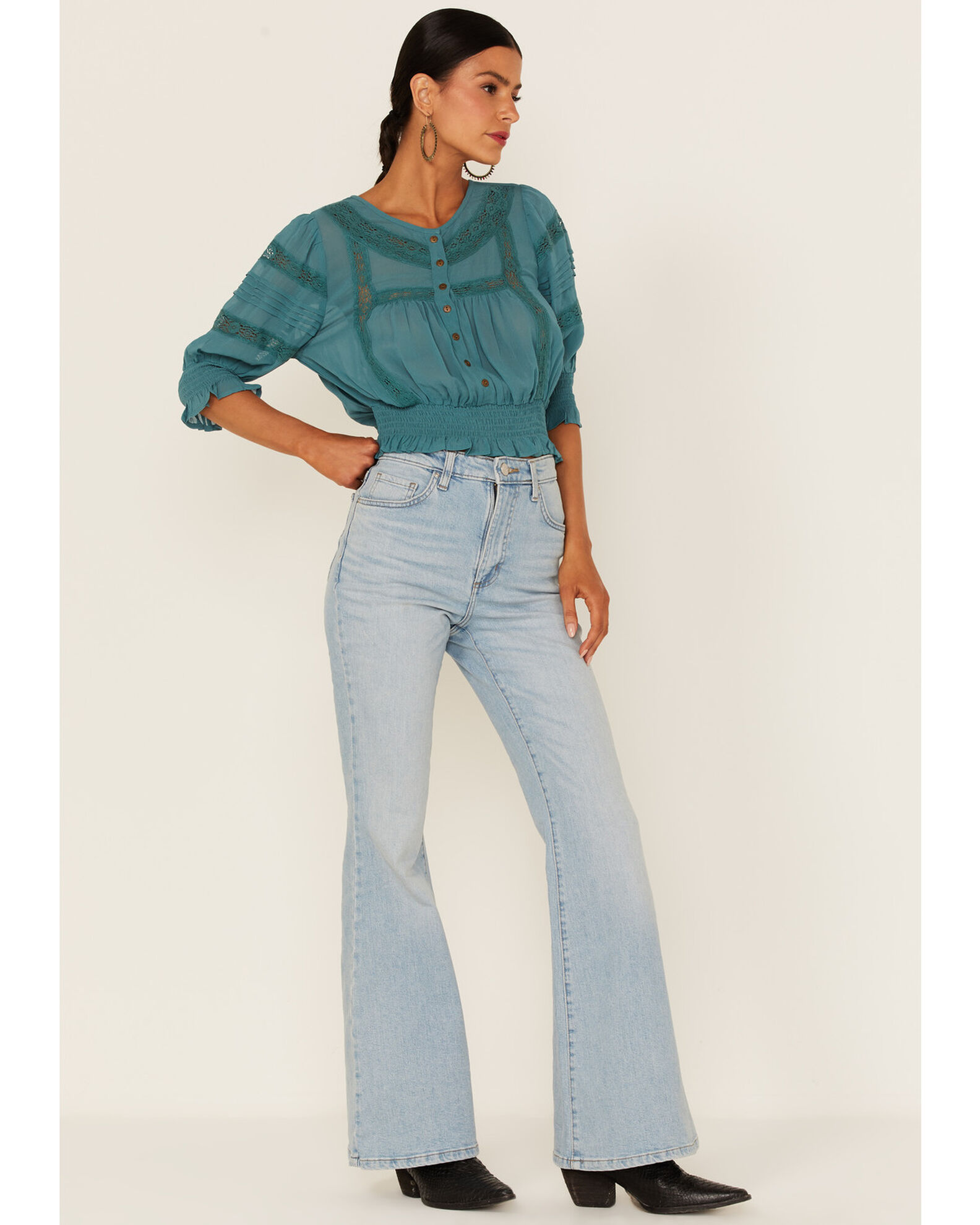 Image #2 - Patrons of Peace Women's Woven Lace Smocked Bottom Blouse, Blue, hi-res