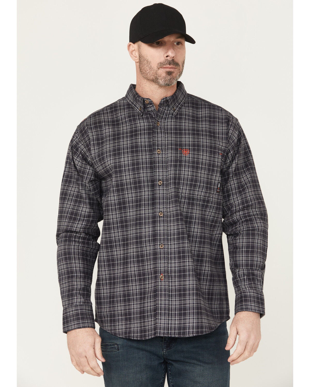 Ariat Men's FR Brando Plaid Print Long Sleeve Button-Down Work Shirt, Black, hi-res