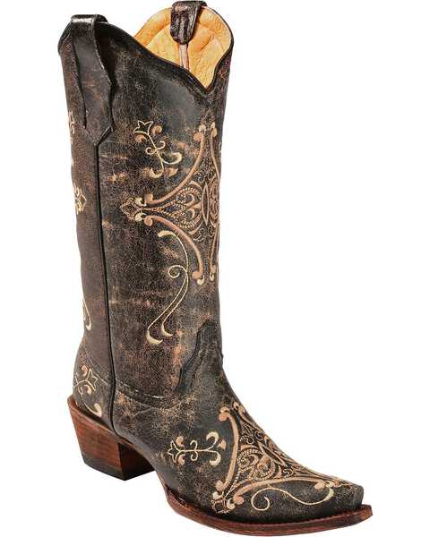 Image #1 - Circle G Women's Crackle Embroidered Western Boots - Snip Toe, Black, hi-res