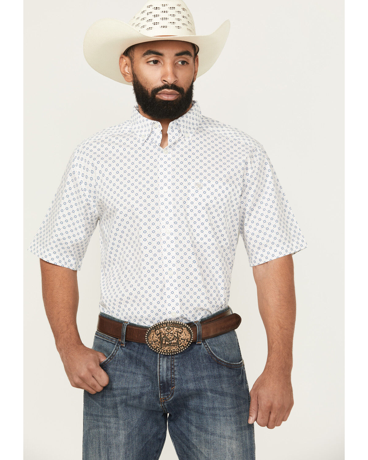 Image #1 - Ariat Men's Shawn Geo Print Short Sleeve Button-Down Western Shirt, White, hi-res
