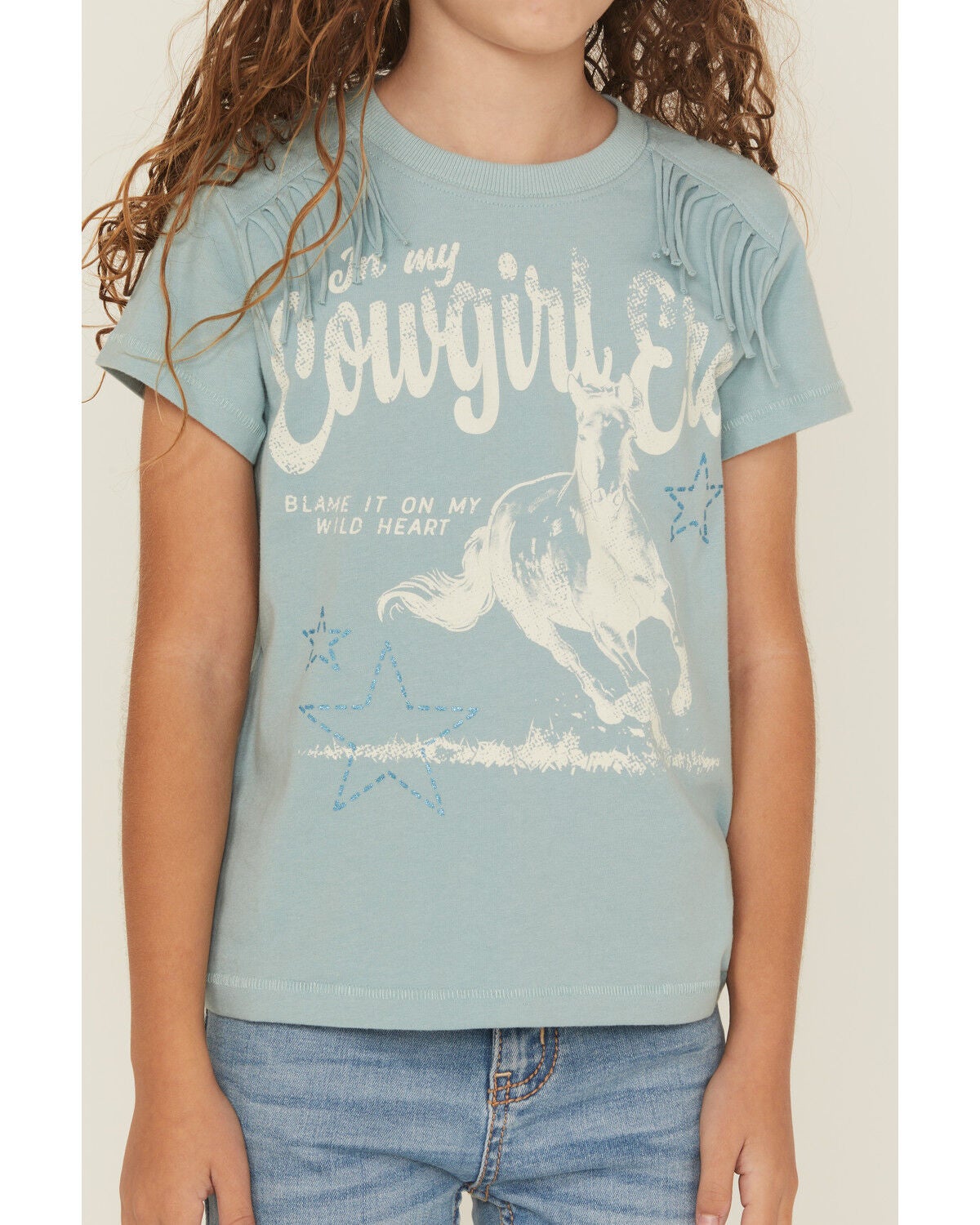 Image #3 - Shyanne Girls' Cowgirl Era Fringe Short Sleeve Graphic Tee, Aqua, hi-res